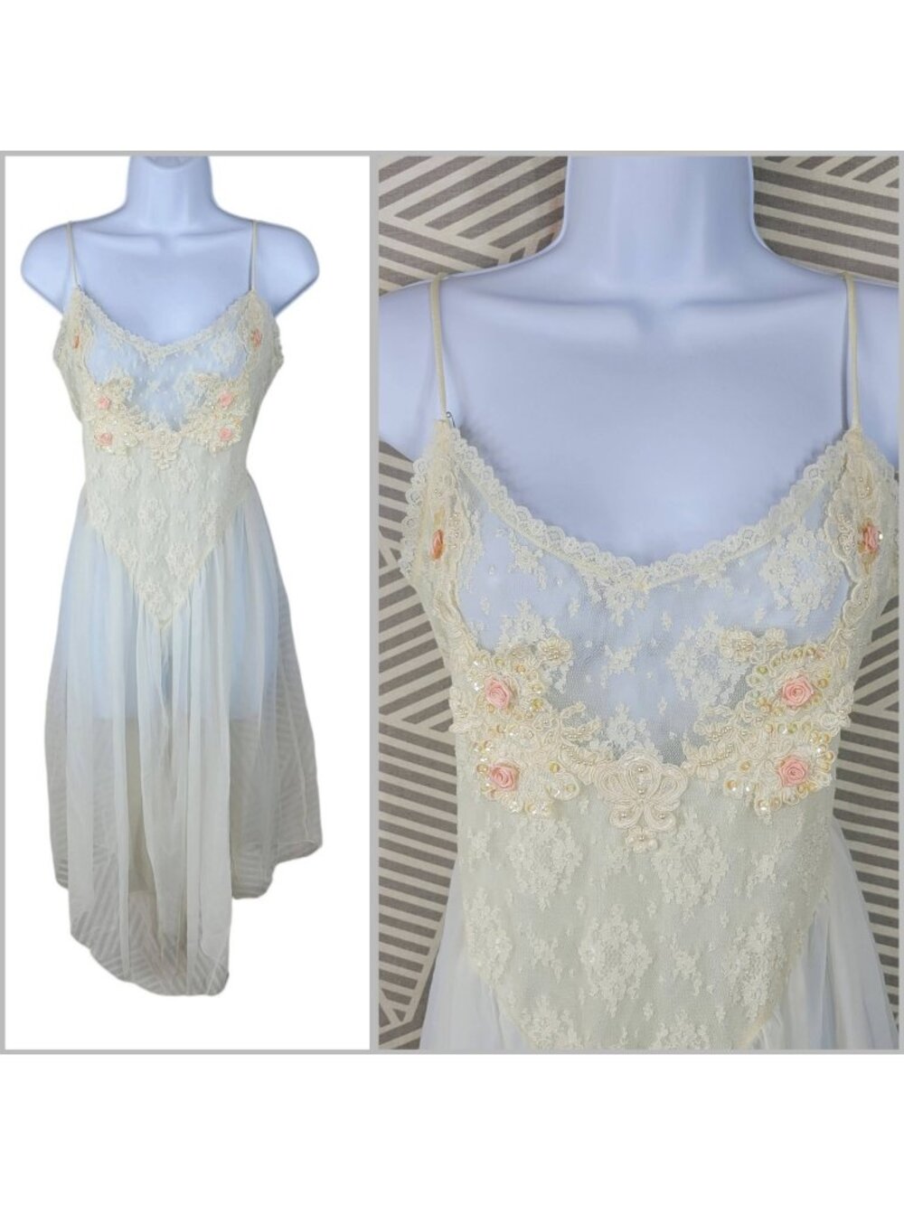 Vintage Whimsical Sexy Nightgown XL Lingerie Dress Satin Shear Lace Nighty Nylon